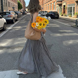 Bonnyshow  Reteo Plaid V Neck Split Sling Dress Women Elegant Splicing Pleated Sleeveless Backless Maxi Gowns Summer Vacation Street Robes