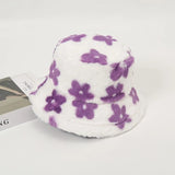 Bonnyshow Korean Flower Plush Bucket Hat for Women Winter Warm Faux Fur Fishermen Cap Solid Color Floral Female Basin Hats