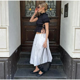 Bonnyshow  Pleated Women's T-shirt Chic Lace Up Round-neck Short Sleeve Female Crop Tops Summer Lady Streetwear Outerwear Street Tops