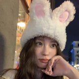 Bonnyshow Y2K Rabbit Ears Beanie Cap for Women Winter Warm Plush Knitted Hat Cute Cartoon Fluffy Fur Female Lady Skullies Ski Hats