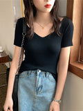 Bonnyshow   Basic V-neck Solid Thin Summer Pullover Women Female Knitted Ribbed Sweater Slim Short Sleeve Bodycon Sweater