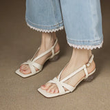 Bonnyshow  Beige Heeled Sandals 2025 Summer Large Size Square Toe Buckle Strap Retro Woman Shoes Med Black Fashion Big Rhinestone Original