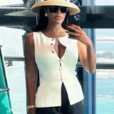Bonnyshow  Golden Single Breasted Knit Sweater Vest For Women Causal  Sleeveless V-neck Slim Knitted Cardigan Spring New High Street Tops