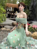 Bonnyshow  French style romantic printed camisole top high waisted three-dimensional flower skirt two-piece set women's spring set
