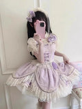 Bonnyshow  Summer New Bow Lace High Waist Slim Birthday Party Dresses Purple Pure Lust Lolita Jsk Cute Sweet Fluffy Princess Dress