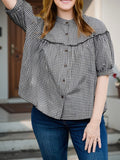 Bonnyshow  Women s Plaid Button Down Shirt Casual Loose Fit 3 4 Long Sleeve Round Neck Tops Comfortable Casual Wear Stylish Checkered