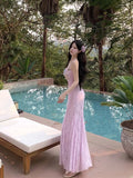 Bonnyshow  Women's Purple/Apricot Casual Flower Long Dress Sleeveless French Elegant Aesthetic 2000s Party A-line Dress Clothing 2025