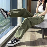 Bonnyshow Casual Joggers Cargo Pants for Women Solid High Waist Pants Drawstring Wide Leg Baggy Trousers Y2k Streetwear Slim Sweatpants