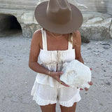 Bonnyshow Simple and elegant square collar camisole cotton and linen suit 2024 summer two-piece ruffled shorts set