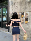 Bonnyshow  Summer Women Office Lady French Elegant Vintage Old Money Striped Suit Old Money Outfits 2 Piece Set Hot Tank Top + Mini Skirt
