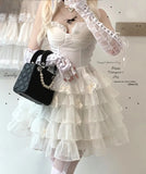 Bonnyshow  Sweet Girls High Waist Layered Cake Mesh Suspender Dresses Summer New Sweet Girl Pearl Bow Decoration Organza Sleeveless Dress