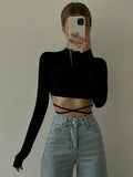 Bonnyshow Casual Crop Top Tied T-shirt Women's Slim Fit Retro Chic Long Sleeves Zebra Striped Sexy Backless Stylish Girls Top