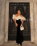 Bonnyshow Elegant Black&White Velvet Long Evening Dresses With Ruched Neckline Details Vintage Formal Party Dress Maxi Gowns