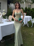 Bonnyshow  Elegant Dress Women Jacquard Sleeveless Flower Backless Fashion Low-Neck See Through Vacation Birthday Party Vestidos