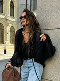 Bonnyshow Sexy Micro Transparent Chiffon Shirt Black Loose V-neck Long Sleeved Women's Versatile Niche Lace Up Shirt Autumn New