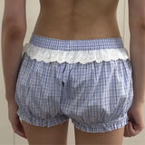 Bonnyshow  Sweet Hot Girl French Plaid Flower Bud Shorts Women's Summer Spliced Lace Edges Slim Versatile Short Pants Female Clothing