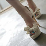 Bonnyshow  Summer Flower Lace Big Bowtie Peep Toe Pumps Stiletto Heels Side Cutout Woman Patent Leather Patchwork slip on weding Shoes