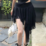 Bonnyshow  Patchwork High Waist See-Through Casual Streetwear Irregular Female Y2k Skirt 2025 White Lace Summer Sexy Skirt For Women