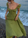 Bonnyshow  Olive Green Off Shoulder Puff Sleeve Maxi Dress Women Ruched Elastic Waist 2025 New Summer Beach Vacation Date Lady Vestidos