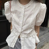 Bonnyshow  French Elegant Gentle And High Quality Shirts For Women Ruffles Puff Sleeve Solid Color Summer Blouses Female Slim All Match