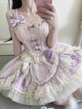 Bonnyshow  Summer New Bow Lace High Waist Slim Birthday Party Dresses Purple Pure Lust Lolita Jsk Cute Sweet Fluffy Princess Dress