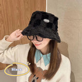 Bonnyshow Winter Bucket Hat for Women Plaid Warm Plush Fisherman Cap Korean Ladies Faux Rabbit Fur Thicken Bob Panama Hats gorro