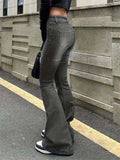 Bonnyshow Vintage Flared Stretch Jeans Women High Waist Skinny Boot Cut Gray Denim Pants Y2K Punk Streetwear Wide Leg Trousers