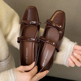 Bonnyshow  Women's Flat Shoes Thick Heeled Square Head Fashion Sweet Single Shoes Bow Elegant Commuter Small Leather Shoes
