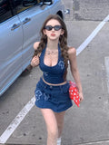 Bonnyshow  Summer sexy hot girl V-neck hanging neck denim vest top and Hip hugging skirt two-piece set temperament leisure suit
