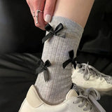 Bonnyshow Lolita Bow Socks for Women Spring Summer Cotton Mid-tube Sock Y2K Girls Japanese Bowknot Solid Color JK Socks