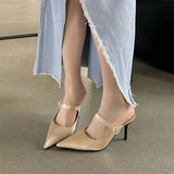 Bonnyshow  Satin Button Pointed Toe Mules Pumps Women Slipper Fashion Shallow Thin High Heels Ladies Shoes