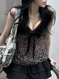 Bonnyshow Bow Lace Up Leopard Halter Tops Sexy Y2k Velvet Lace Trim V-Neck  Camisole Hotsweet Chic 2024s Clothing Streetwear