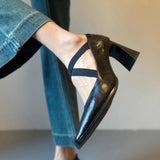 Bonnyshow  Retro Simple Cross Elastic High-heels Women Shoes Temperament Versatile Pumps Shoes Solid Color Square Head Women Shoes