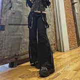 Bonnyshow Women Pants Hip Hop High Waist Bandage Streetwear Rivet Trousers Goth Dark Gothic Grunge Black Pants Harajuku Punk Wide Leg