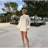 Bonnyshow  Women's Ruffled Long Sleeve Tops Elegant Round Collar Loose Blouse Decorative Layered Shirts Summer Beach Party Street Wear