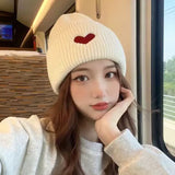 Bonnyshow Winter Warm Beanies for Women Love Heart Embroidered Knitted Hat Korean Fashion Female Crochet Woolen Hats