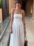 Bonnyshow  Elegant Square Neck Pleated Hollow Out Long Dress White High Waist Spaghetti Strap Robes New Lady Summer  BabYoungGown 2025