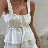 Bonnyshow Simple and elegant square collar camisole cotton and linen suit 2024 summer two-piece ruffled shorts set