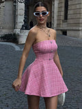 Bonnyshow  Sexy Off Shoulder Women 's Mini Dress Solid Backless Sleeveless Unique Button Dressess Lady 2025 Summer New Lady Beach Vestidos