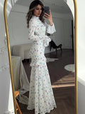 Bonnyshow  Ruffle Printed Long Sleeve Long Dress Women's Elegant Contrast Color Slim Fit Lace Waist Casual Summer Fashion Long Dress