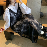 Bonnyshow Summer New Korean Hook Flower Hollow Lace Sexy Black Sling Dress Women + Loose Casual Long-sleeved Shirt Two-piece Suit