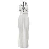 Bonnyshow  Summer Halter Knitted Long Dress Elegant Backless Sleeveless Patchwork Women Maxi Dresses Fashion Deep V Neck Beach Robes