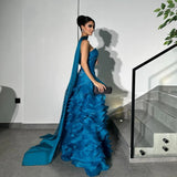 Bonnyshow Arabic Elegant Teal Layered Long Evening Dresses With Voluminous Organza Bottom Ruched Formal Party Dress Maxi Gowns