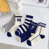 Bonnyshow 5 Pair/Set Blue Letter Stripe Socks for Women Korean Cotton Middle Tube Sock Spring Autumn Casual Sport Socks Calcetines 양말