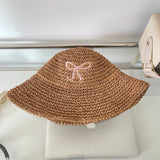 Bonnyshow Sunmmer Bow Kont Straw Hat Japanese Y2k Fashions UV Sunscreen Beach Hat Weave Bucket Hat Women's Sun Cap Beach Accessories