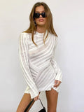 Bonnyshow  Rib Knitted Women Beach Dress White Hollow Out Long Sleeve Bodycon Mini Dresses Sexy See Through Party Club Y2K Vestidos