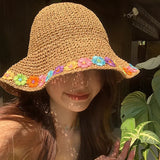 Bonnyshow Flowers Adults Female Straw Hat Summer Hats Korean Fashions Caps Women Beach Seaside Vacation UV Sunscreen Foldable Sun Hat