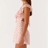 Bonnyshow  Women Backless Mini Dress Sexy Sleeveless Ruffle Shoulder Short Dress Floral Print Low Cut Tie Back A-line Dress