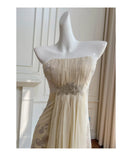 Bonnyshow  Women's Elegant Beige Chiffon Maxi Dress Floral Print Strap Formal Evening Gown Prom Party With Embellished Waist