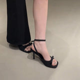 Bonnyshow  Beige Heeled Sandals Fashion Womens Shoes 2025 Black Luxury Retro Comfort New High Girls Stiletto Bow Summer Low Rubber Back Str